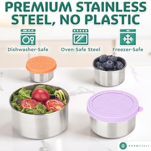 Everusely - Stainless Steel Food Containers - 4 Pack, Garden Harvest - Metal Lunch Box - Nesting Snack Containers for Office, Home Food Storage - Leakproof Silicone Lids - Dishwasher and Freezer Safe - Image 3