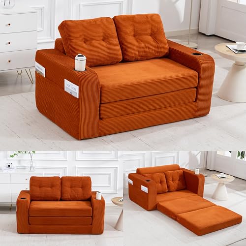 Yihomfy Canapé Convertible 2 Places en Tissu Côtelé avec Accoudoirs et Rangement, sans Montage, Canapé Modulable Lit Coussins Démontables pour Salon,...