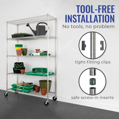 SafeRacks NSF Certified Storage Shelves, Heavy Duty Steel Wire Shelving Unit with Wheels and Adjustable Feet, Used as Pantry Shelf, Garage or Bakers Rack Kitchen Shelving - (18"x48"x72" 5-Tier)