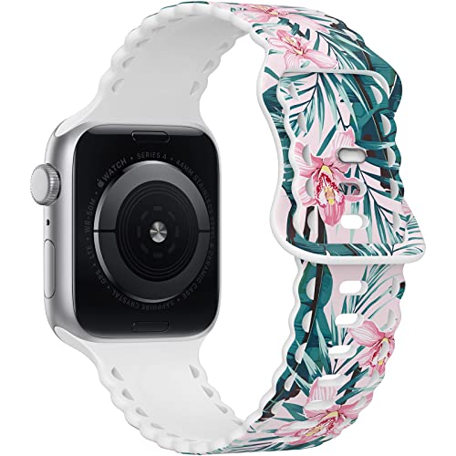Image of Compatible with Apple Watch Band 41mm 40mm 38mm 49mm 45mm 44mm 42mm Women Girl, Plants Print Lace Hollow-out Soft Silicone Sport Bands For iWatch Ultra SE Series 10 9 8 7 6 5 4 3 2, Plants-42