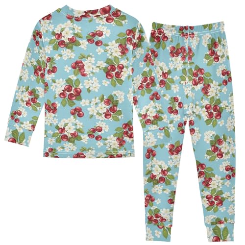Pajama Sets Long Sleeve Cherry Fruit Floral Pattern Soft Comfy Sleepwear 2 Piece PJS 3-8T3