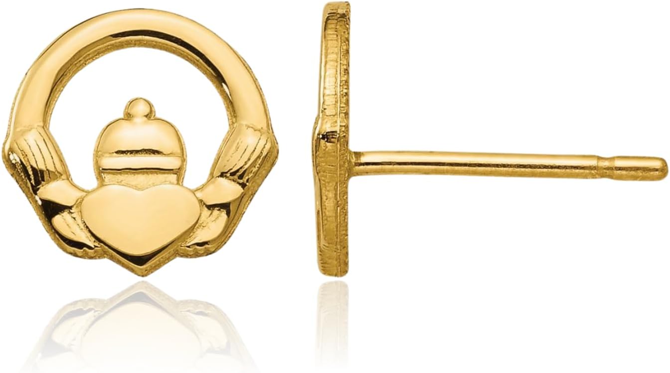 IceCarats 14K Solid Yellow Gold Large Heart Celtic Claddagh Stud Earrings 9mm 3/8 inch Butterfly Back For Her