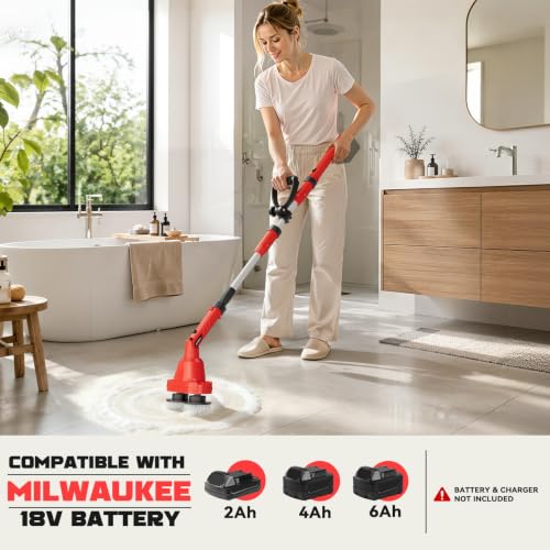 Image of NATBEESY 2 in 1 Electric Spin Scrubber Compatible with Milwaukee 18V Battery (Tool Only), Dual Head Power Scrubber, 680 /1200 RPM, 45 Adjustable Head, Extendable Handle for Tile, Tub, Floor & Bathroom