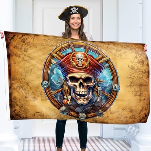 Bandera pirata – Bandera de Jolly Roger con mapa pirata, impresión de doble cara, poliéster 110D, doble costura, 2 ojales de latón, grande 5 pies x 3 pies