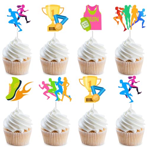 Fangleland 36Pcs Running Theme Cupcake Toppers, Sports & Fitness Cake Decorations for Marathon Birthday, Runner Athletic Party Supplies for Men Women Race Day Celebration by Fangleland - Used condition - US$7.63