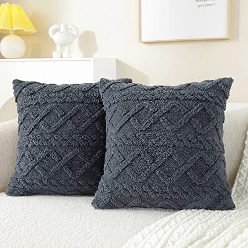 FTROML Set of 2 Decorative Faux Wool Throw Pillow Covers 18x18 inch Dark Grey Soft Plush Fuzzy Short Fleece Square Patterned Cushion Cases Pillowcases Couch Covers for Sofa Bedroom