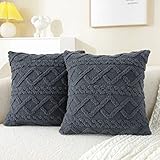 FTROML Set of 2 Decorative Faux Wool Throw Pillow Covers 18x18 inch Dark Grey Soft Plush Fuzzy Short