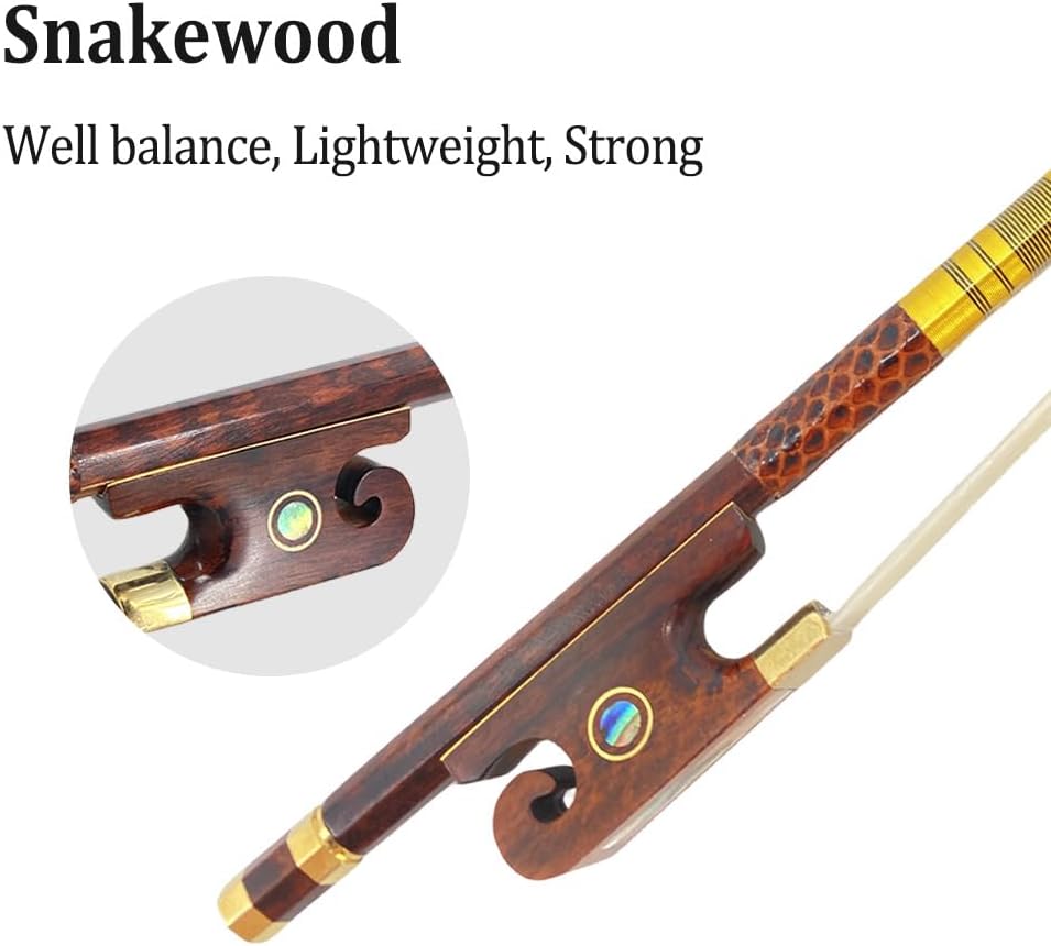 Yinfente Violin Bow 4/4 Full Size Snakewood With Pearl Eye Natural Bow Hair Pernambuco Level, Stiff & Well Balanced,Violin Bow Full Size For Violinists & Fiddlers of All Skill Levels