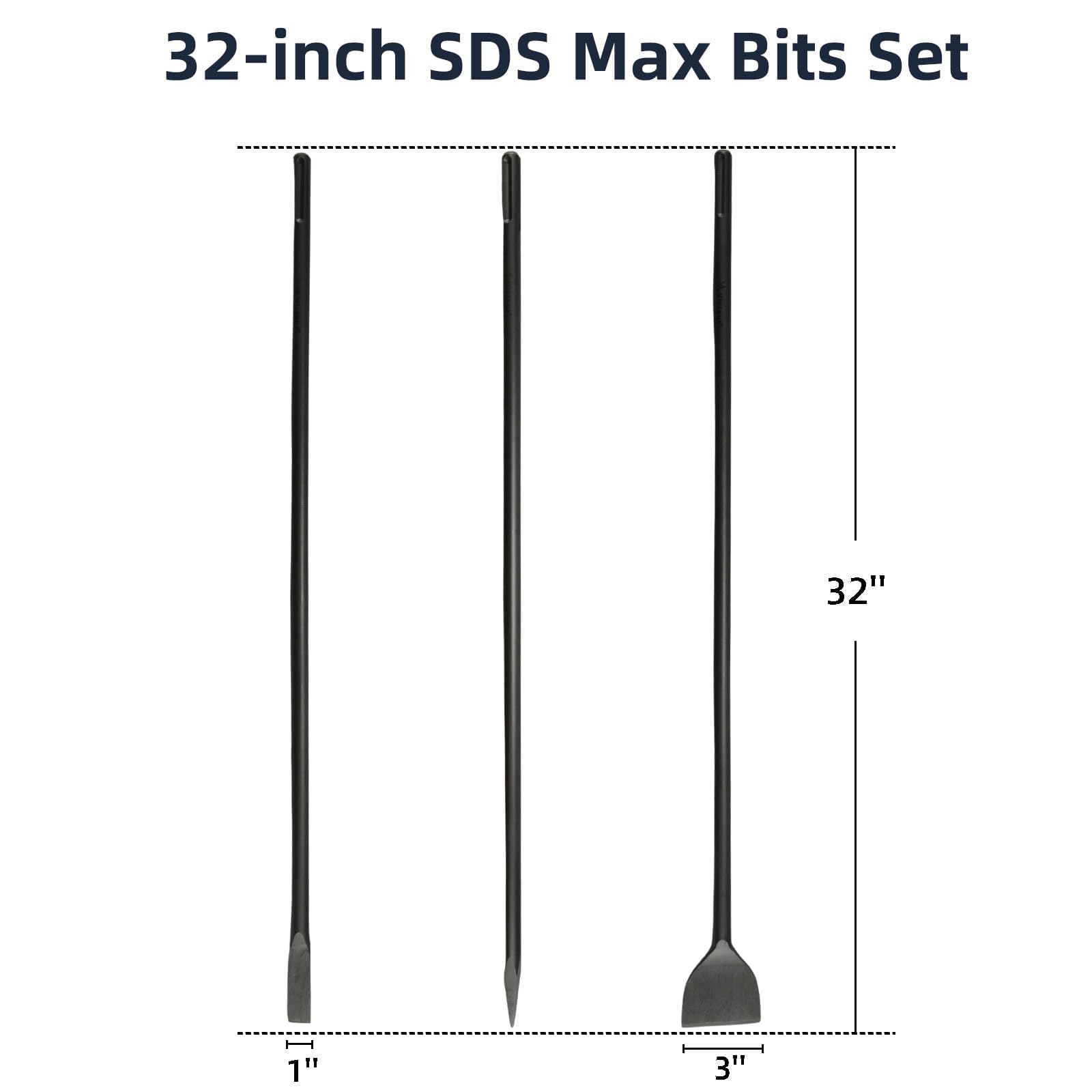 Juego de 3 piezas SDS Max de 32 pulgadas, cincel plano de 1 pulgada, cincel de punta y cinceles de escala de 3 pulgadas, juego de brocas de hormigón de mampostería de acero 40Cr SDS Max Bits para