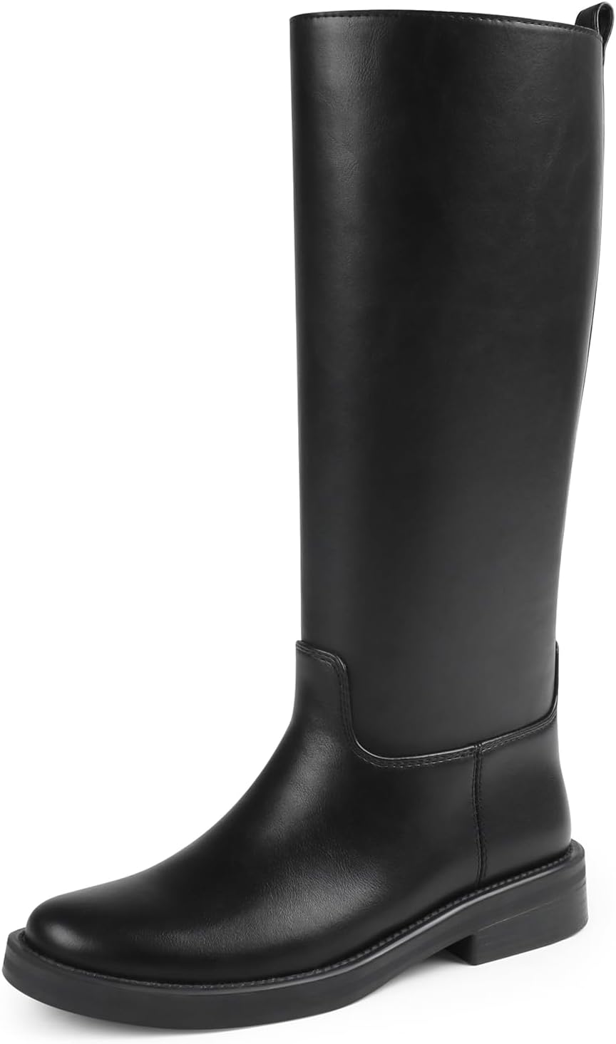 JOY IN LOVE Knee High Boots for Women Low Chunky Block Heel Faux Leather Wide Calf Riding Tall Boots