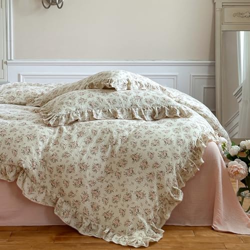 Image of VM VOUGEMARKET Pink Flower Duvet Cover Twin,Double-Layer Cotton Gauze Duvet Cover with Ruffles,Soft, Breathable Comforter Cover for Kids Girls