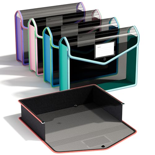 ThinkTex A4 Plastic File Folder, 5 Pcs Document Folder Transparent envelopes with Snap Closure, No Dividers, Large Capacity, Assorted Colors, for School Office Home (Black)