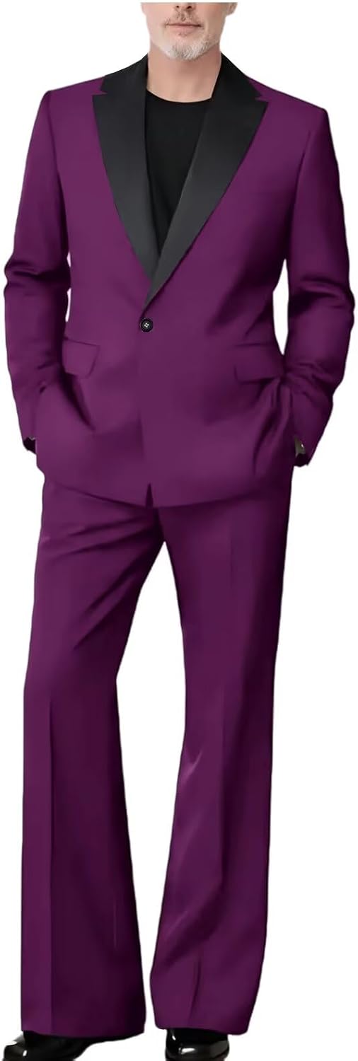 Men's 2 Piece Retro Flared Suit Set Coatrast Collar Blazer Wide Leg Pants 70s Vintage Formal Outfit for Wedding Party Prom