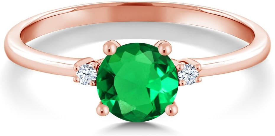 Gem Stone King 10K Rose Gold Green Nano Emerald and White Created Sapphire Solitaire Engagement Ring For Women (0.80 Cttw, Round 6MM, Gemstone May Birthstone)