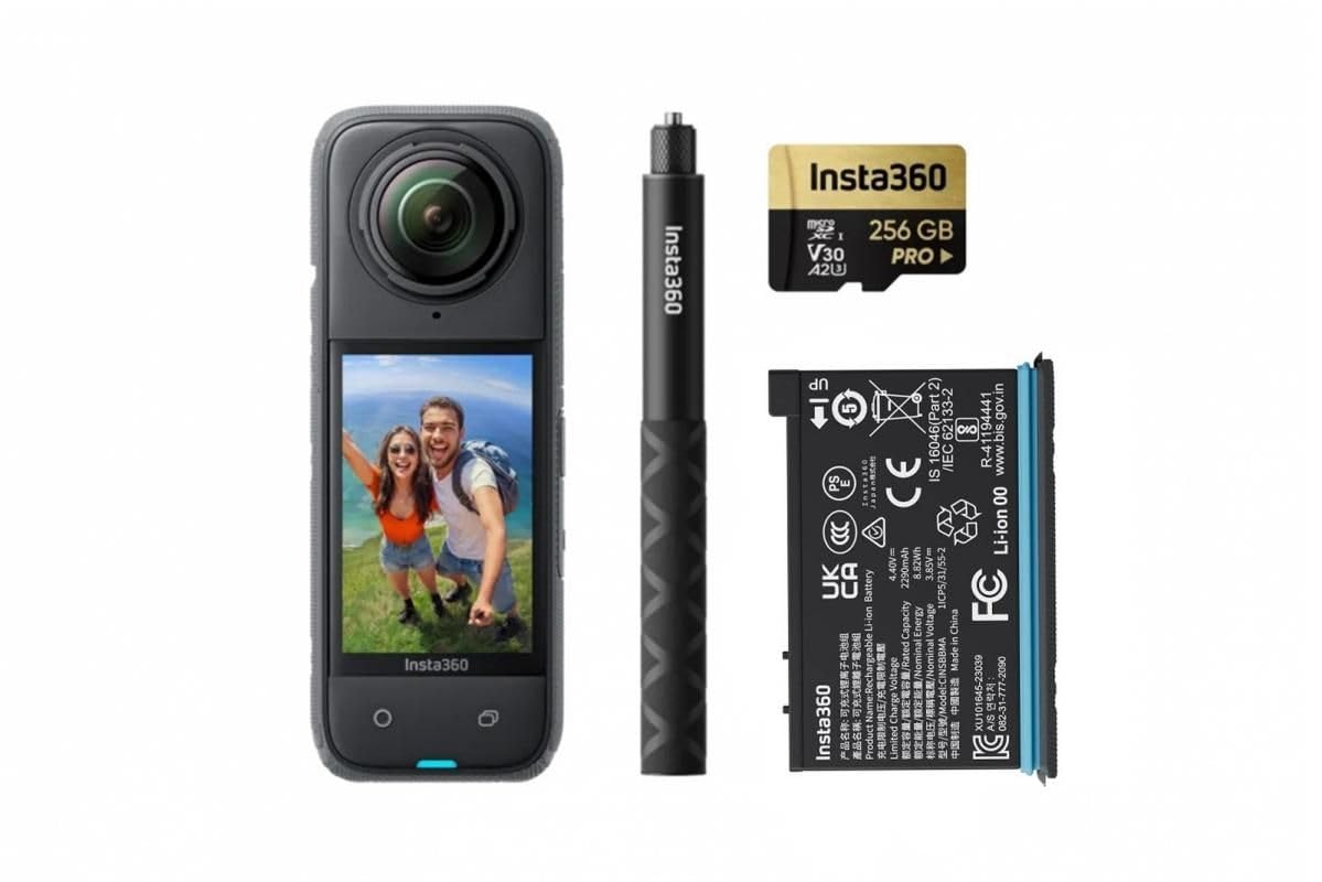 insta360 X4 Adventure Bundle- 8K Waterproof 360 Action Camera, 4K Wide-Angle Video, Removable Lens Guards, 135 Min Battery Life, AI Editing, Stabilization, for Sports, Travel