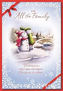 To All the Family Christmas Card - Snowmen in Hats with Gifts Glitter and Foil 7x5.25"