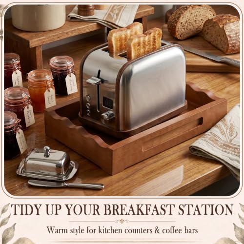 Image of SiliFine Toaster Tray for Under 2-slice Toaster with Handles Scalloped | Premium Pine Wood Design: Adds a Warm Walnut Finish While Catching Toaster Crumbs and Keeping Countertops Clean.