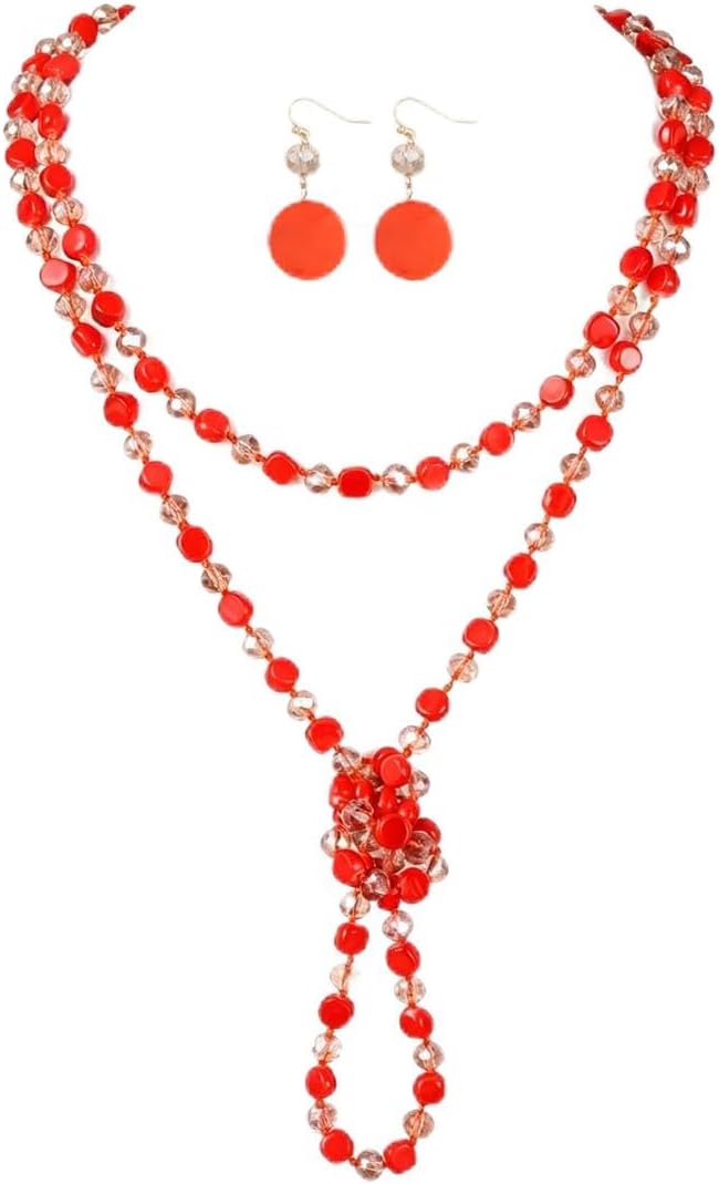 Trendy Infinity Wrap 60’’ Long Statement Necklace and Earrings Set - Hand Knotted Versatile Crystal and Shell Beads Strand Necklace - Beaded Boho Chic Strand Jewelry Set Gift for Women