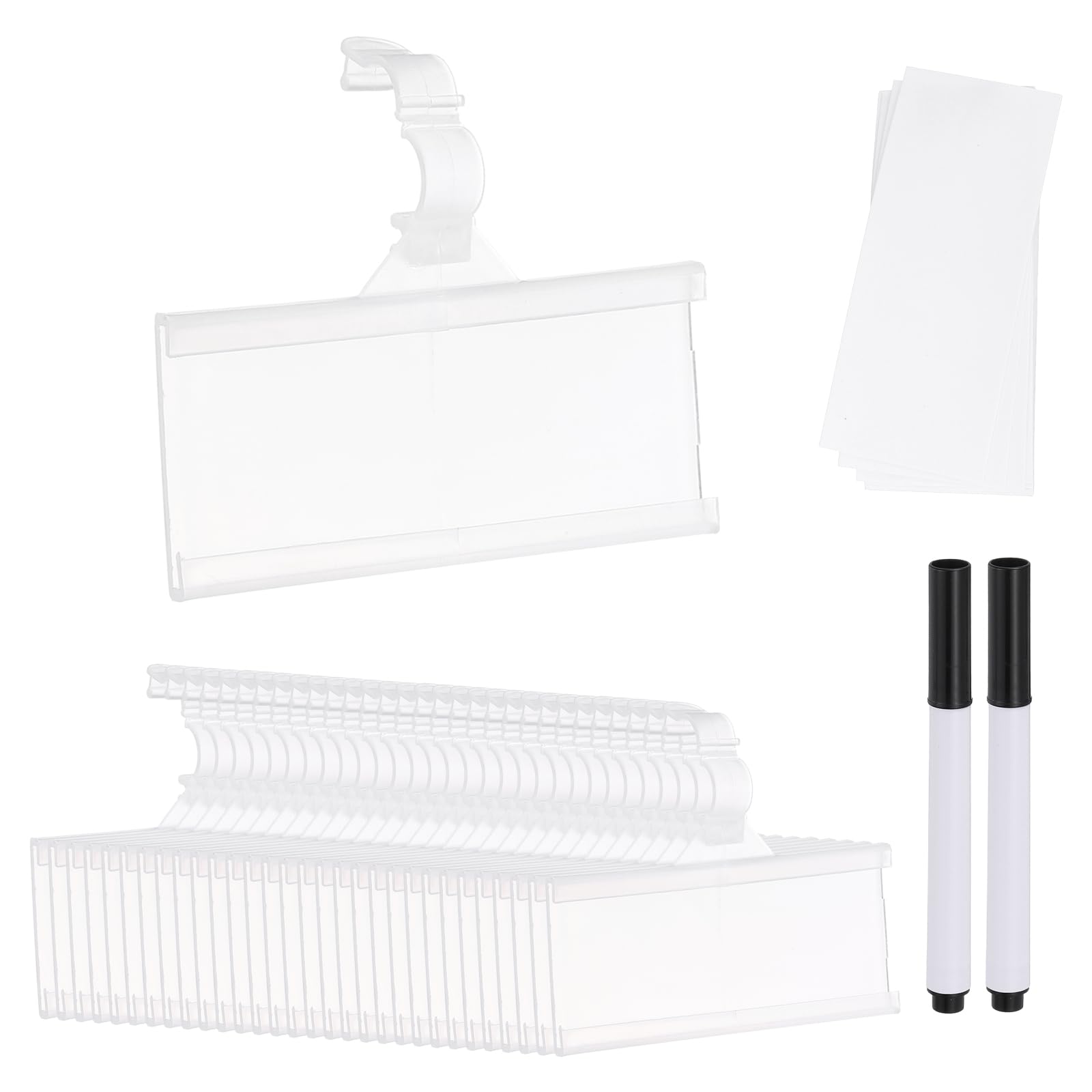 PATIKIL 3" x 1.4" Wire Shelf Label Holders, 30 Pack Reusable Plastic Price Tag Display Clip with Lock Closure with Paper Inserts Pens for Home Market Store, Clear