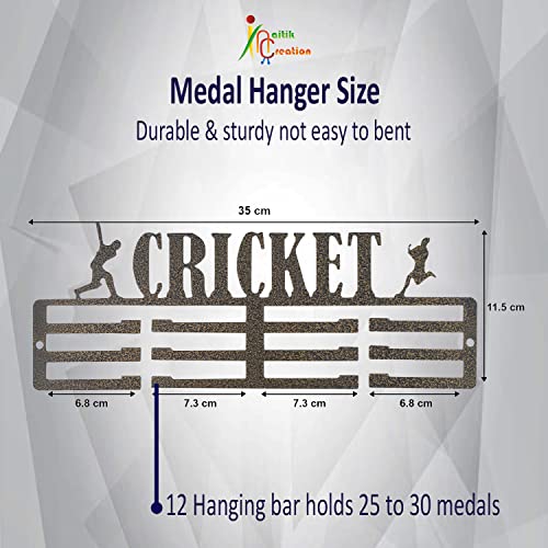 Image of NAITIK CREATION Medal Hanger for Wall - Medal Holder Display Hanger | Holds Up to 45 Medals | Sports Medal Display | Medals Hanger | Premium Antique Golden (Cricket)