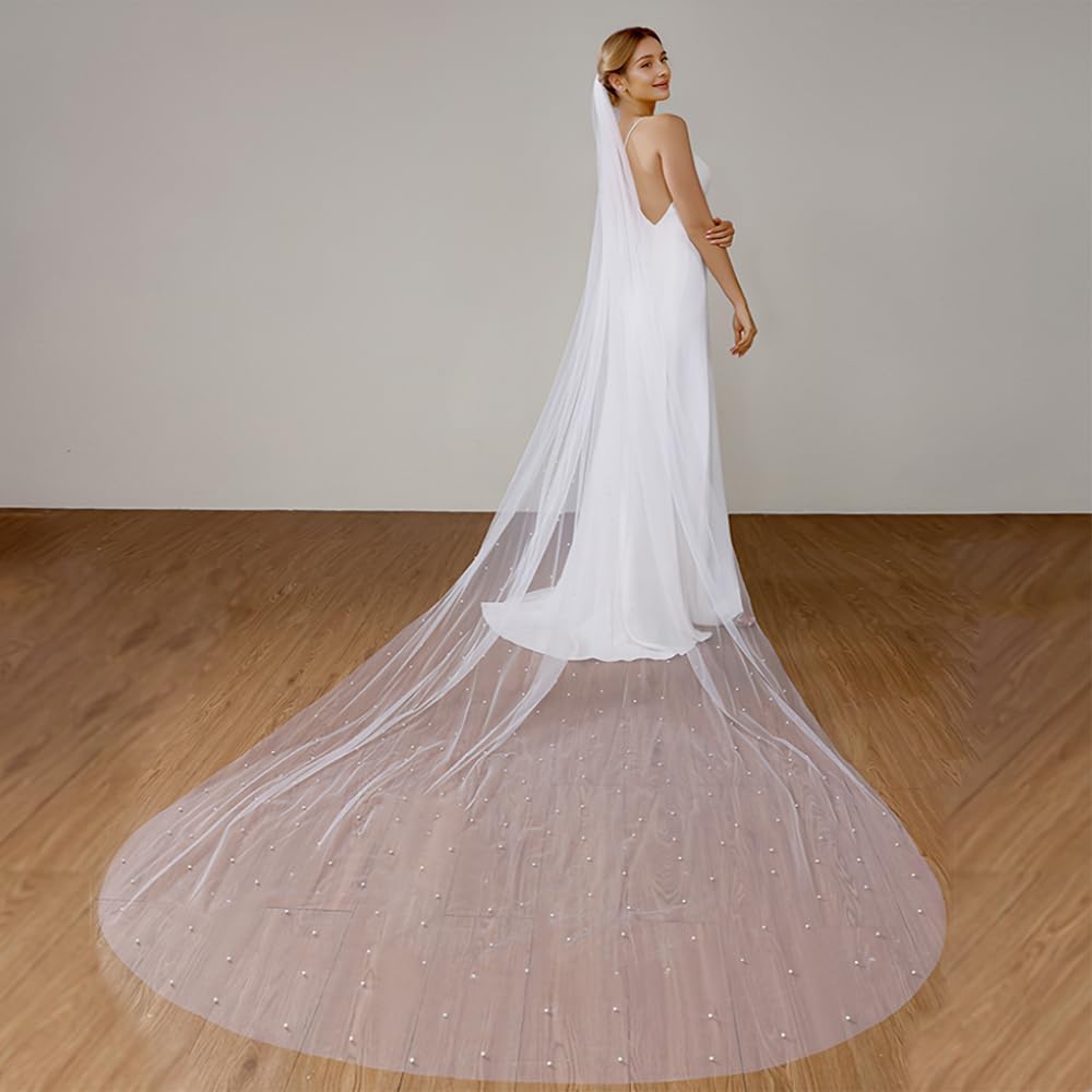 Bridal Wedding Veil Pearl Bride Veil 1 Tier With Metal Comb for Woman