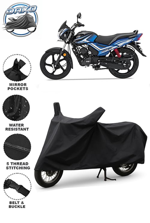 Image of Daxo Waterproof Bike Cover for TVS Star City Plus | All Weather Protection from Rain, Dust, UV Rays & Scratches with Mirror Pockets & Buckle Belt | Star City Plus Bike Cover