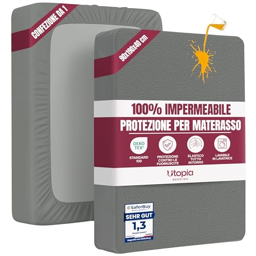 Utopia Bedding Coprimaterasso Singolo Impermeabile 90 x 190 x 40 cm, Certificato OEKO-TEX, Proteggi Materasso, Traspirante, Lavabile, Stile Montato Tutto Intorno Elastico Grigio