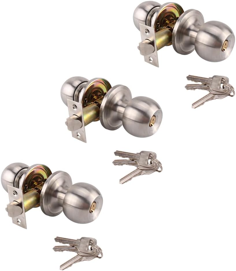 3 Pack Door Knob Latch with 9 Keys Stainless Steel Bedroom Door Locks Entry Door Knob Round Ball Handle Lock Hardware for Office Home Bedroom Bathroom