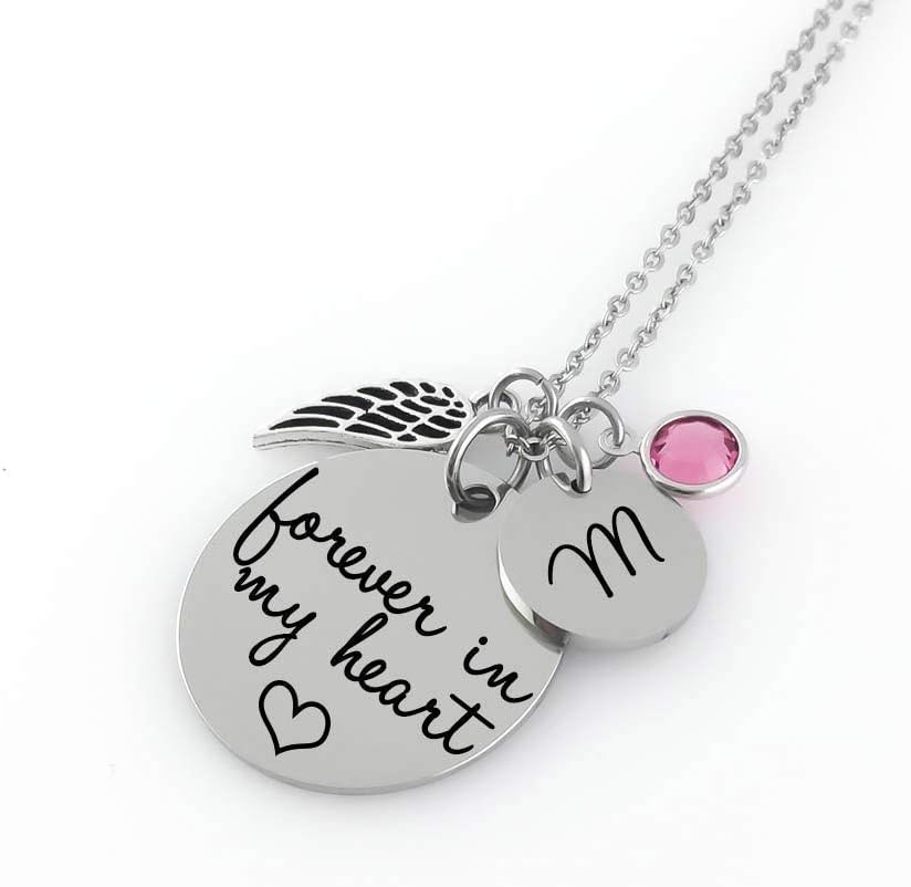 Memorial Jewelry Necklace - forever in my heart - Name Disc, Angel Wing & Birthstone Crystal