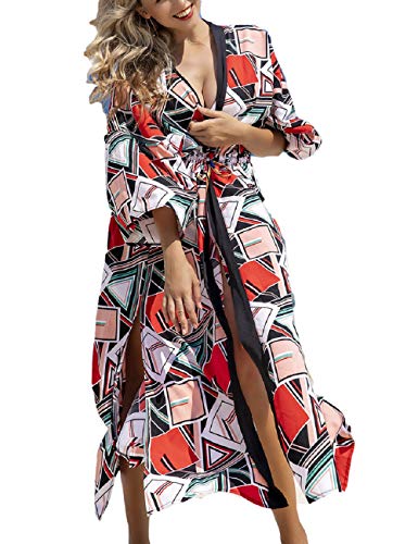 Bsubseach Women Geometric Print Beach Cover Up Swimwear Sexy Side Split Bikini Kimono Cardigan