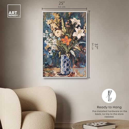 Image of Art Remedy Blue Floral Vase Canvas Floral Vase Wall Art, White Frame, 24 inch x 36 inch