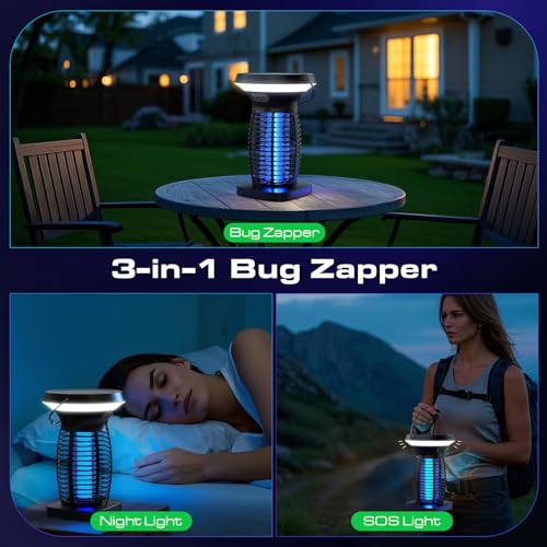 Image of OnBeam Solar Bug Zapper Outdoor, 4200V Electric Mosquito Killer for Patio | Solar & USB-C Charging, IPX5 Waterproof, Auto Mode, SOS Light, Indoor Fly Trap for Home, Backyard, Garden, Camping