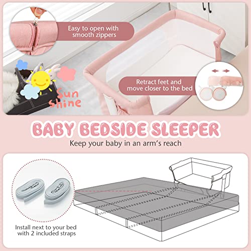 Baby Joy Bassinet Bedside Sleeper, 3 In 1 Folding Crib W/Adjustable Height, Mattress, Lockable Wheels, Storage Pocket & Carry Bag For Infant Newborn, Stationary & Rock, Portable Baby Bassinet (Pink) #TOP2