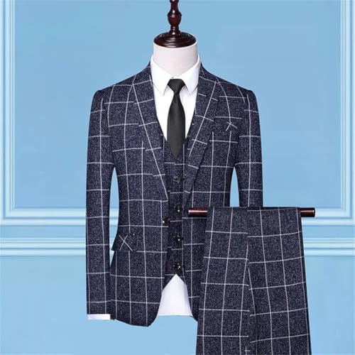 Mens 3 Piece Business Suit Business Casual Plaid Wrinkle Free Stain Resistant Wedding Suit2