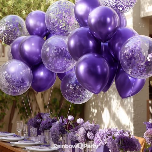 Image of RainbowQ Metallic Purple Confetti Balloons: 55Pcs 12 inch Chrome Purple Party Shiny Balloon Helium Latex Balloons for Birthday Anniversary Wedding Decoration