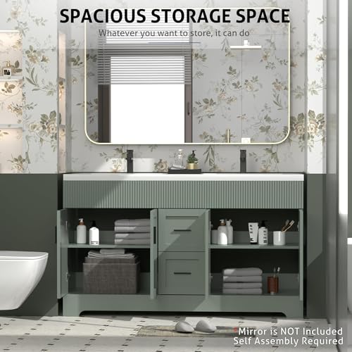 Image of eclife 60 inch Bathroom Vanities Sink Combo with Painted Surface, Modern Drawered Cabinet W /Decorative Wave Lines, Undermount Double White Sink, Matte Black Faucet Drain, Gray Green