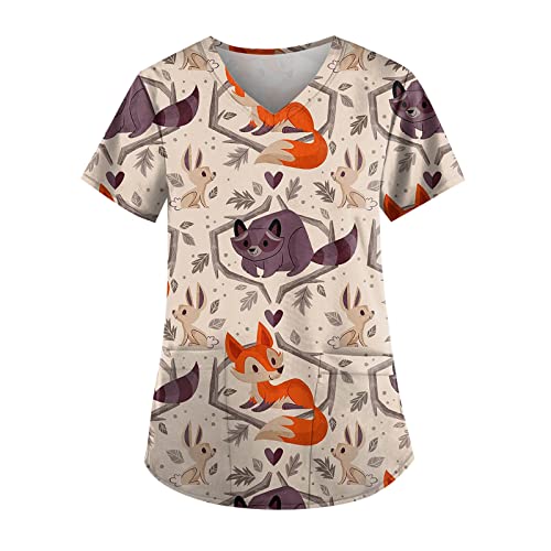 OIOLOYJM Printed Scrub Tops Women V Neck Short Sleeve Plus Size Scrubs for Womens Nursing Uniforms Shirts with Pockets
