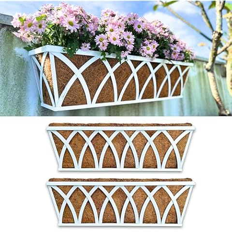 LaLaGreen Wall Planter - 2 Pack, 24 Inch White Metal Rectangular Hanging Flower Box Window Boxes Planters with Coco Liner Attach House Outdoor, Farmhouse Plant Holder Deck Railing Patio Balcony Fence Cover