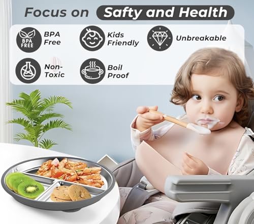Image of NYALA Stainless Steel Baby Toddler Plates Silicone Suction, Non-Slip Baby Plates BPA Free,Unbreakable Dishwasher Safe (Grey)