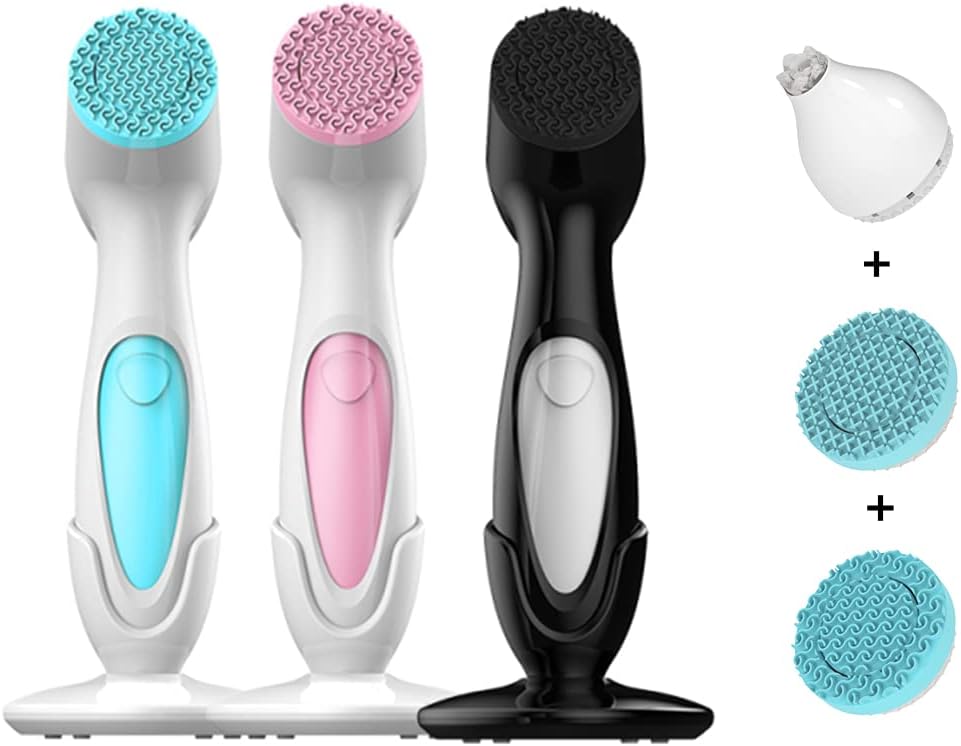 Electric Facial Cleansing Massage, Spa Rechargeable Brush Heart Motivation with 3 Types of Silicone Heads, for Deep Cleaning|Tighten Skin|Gentle Exfoliate|Massage (Blue)