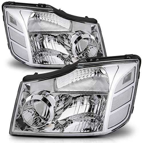 M-Auto Oe Style Headlights Assembly Pair For Passenger&Driver Side Replacement For 04-15 Nissan Titan / 2004 2005 2006 2007 Armada, Lh&Rh Chrome Housing Clear Lens Clear Corner Headlamps #TOP8