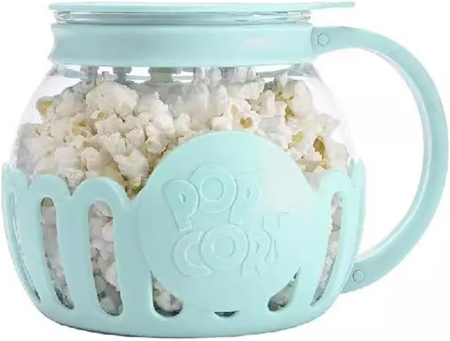 Microwave Popcorn Maker with Handle and Lid, Glass Popcorn Air Popper, 2.25 Quart