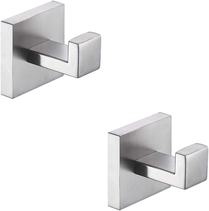 TASTOS Bath Towel Hooks Brushed Nickel, 2 Pack Stainless Steel Robe Coat and Clothes Hook, Heavy Duty Wall Hook for Bathroom & Kitchen, Modern Square Style Wall Mounted (Silver)