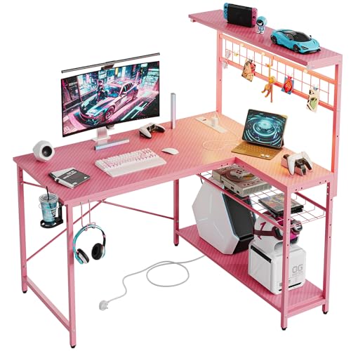 Bestier L-Shaped Gaming Desk with Power Outlets, LED Workstation with 4 Tiers Shelves for Home Office, Gamer Reversible Table with Hooks and Cup (PDCF, 106cm)