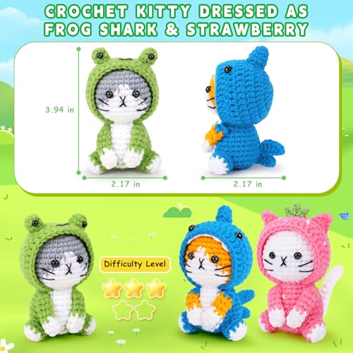 Image of Crochet Kit for Beginners - 3 PCS Crochet Kits with Step-by-Step Video Tutorials, Beginner Crochet Kit for Adults, Crochet Animal Kit for Starters, Cat Dressed as Shark Frog Strawberry
