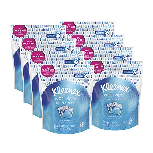 Kleenex Wet Wipes Gentle Clean For Hands And Face, 8 resealable pouches of 25 individually wrapped wipes (200 total wipes)