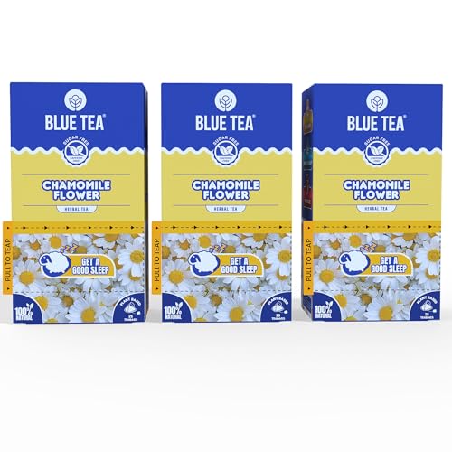 Image of BLUE TEA - Chamomile Tea For Sleep - 25 Tea Bags (Pack of 3) Plant Based | Sleep & Relaxation | Caffeine Free - Flower Based - Herbal Tea | Single Tear Tea Box | Easy Pull Sachets