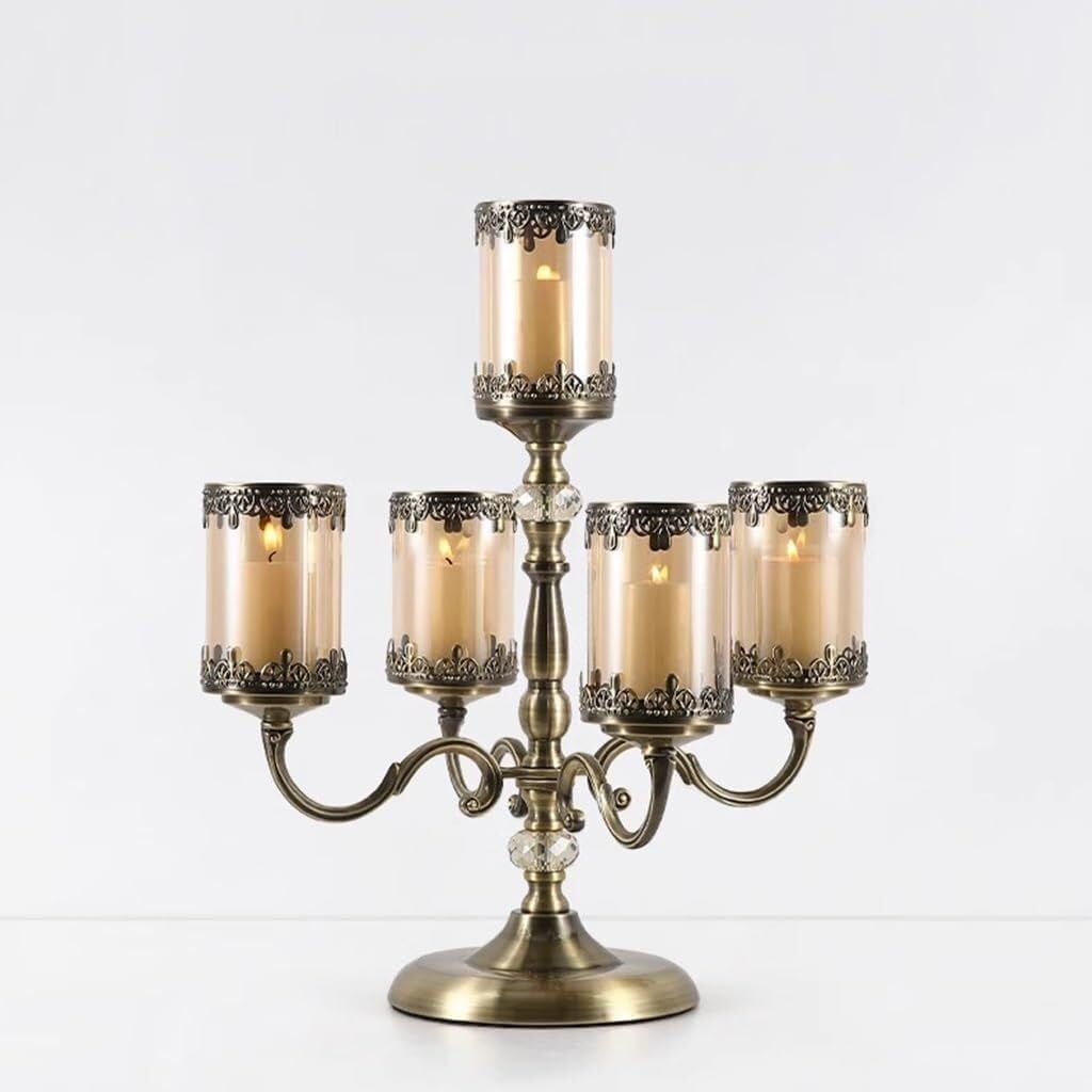 Candelabra Metal Candle Holder with Glass Cups, Antique Bronze Decorative Candle Stand for Weddings Home Decor