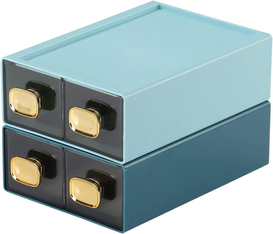 Spacious Desk Drawers, Stackable Desktop Organizer, Plastic Storage Box for Office, School & Home Supplies (4 Small Drawers, BU & CYAN)