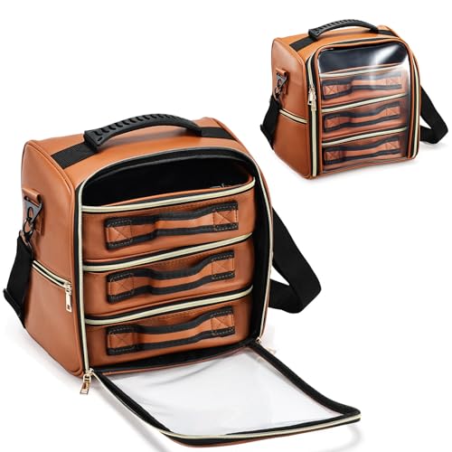 Image of SHAMAX Makeup Bag with 3 Removable Pouches & Side Pockets | Travel Cosmetic Organizer Case with Transparent Front, Toiletry Storage Bag for Women & Men (Brown)